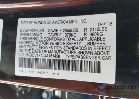2018 Honda Accord Ex from USA, damaged, VIN 1HGCV1F40JA161458